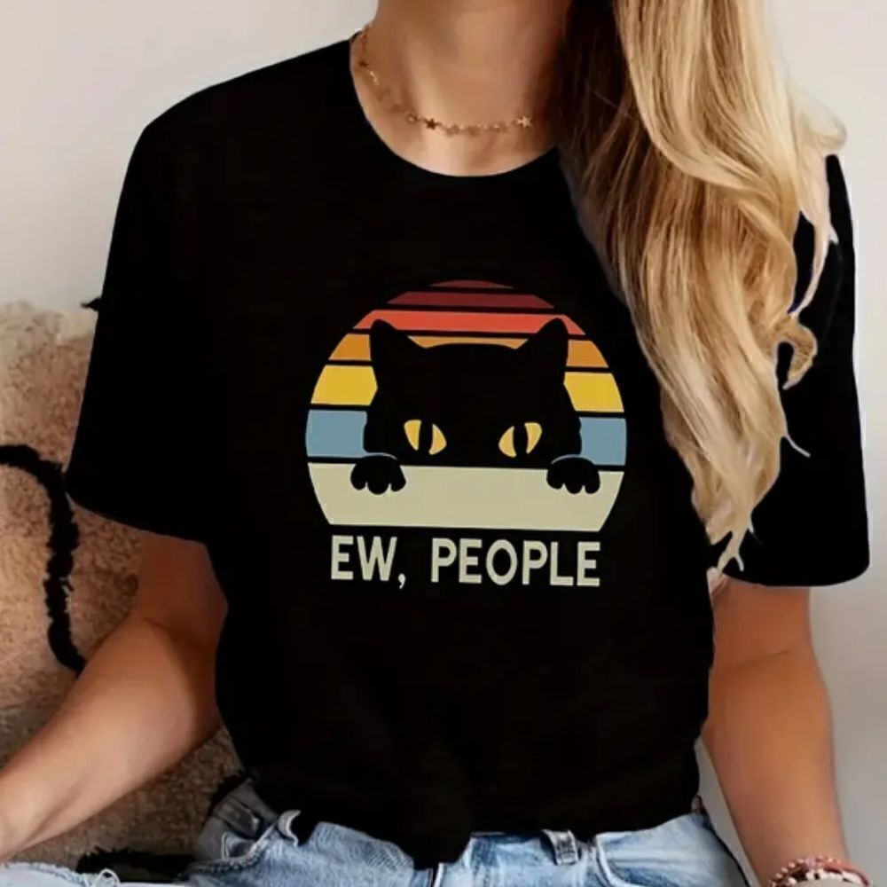 Funny Cat Black Short Sleeve T Shirt Ew People Quote Graphic Sarcastic Top New